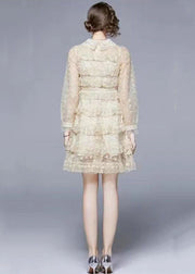 Beige Tulle Holiday Dress Peter Pan Collar Layered Ruffles Long Sleeve