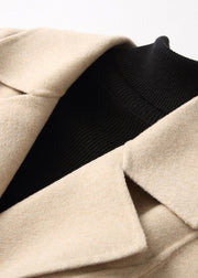 Beige Turtleneck Tie Waist Woolen Coats Fall