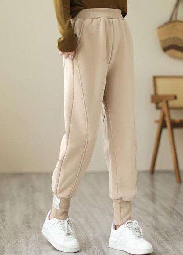 Beige Warm Fleece Beam Pants High Waist Solid Color Winter