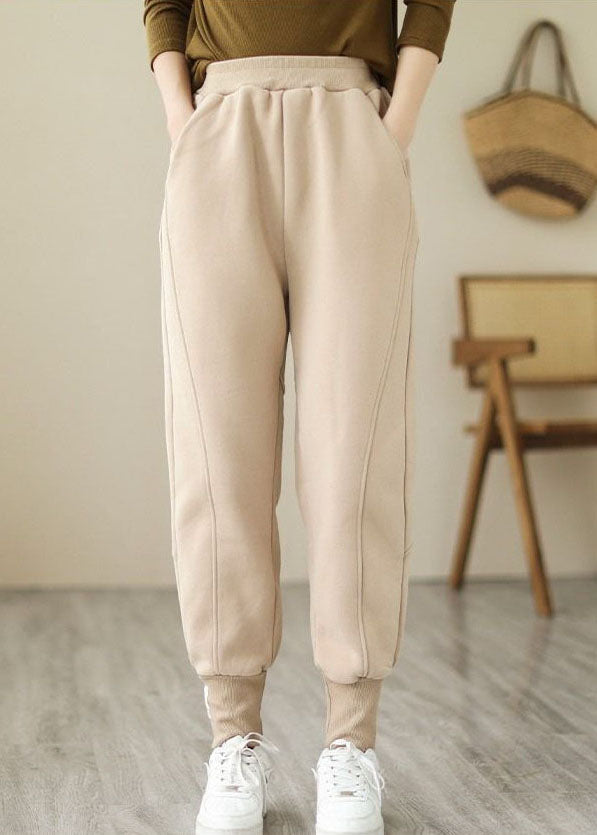 Beige Warm Fleece Beam Pants High Waist Solid Color Winter