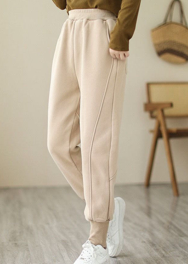 Beige Warm Fleece Beam Pants High Waist Solid Color Winter