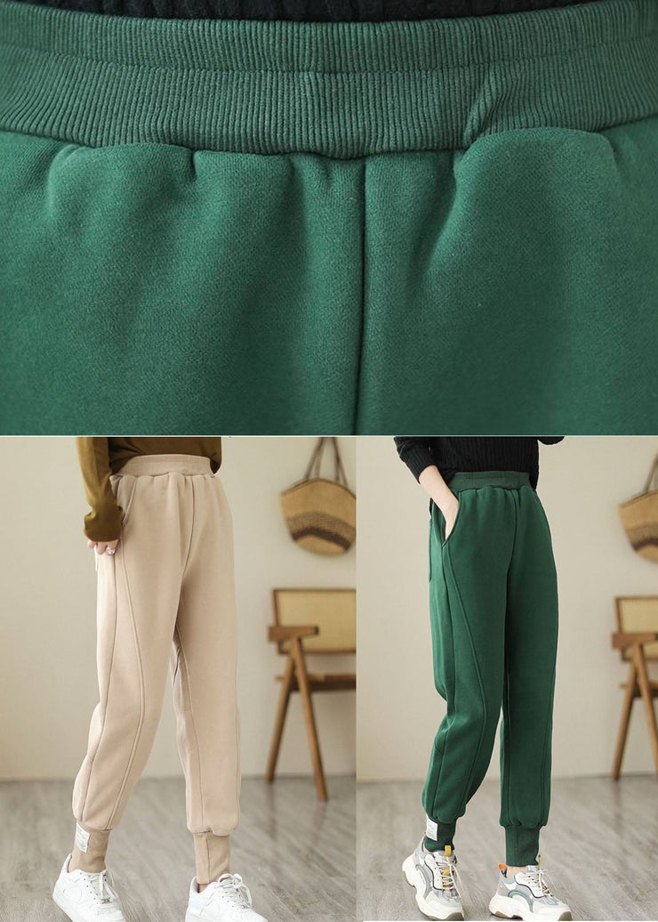 Beige Warm Fleece Beam Pants High Waist Solid Color Winter