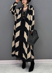 Beige Warm Knit Loose Cardigan Stripped Print Winter