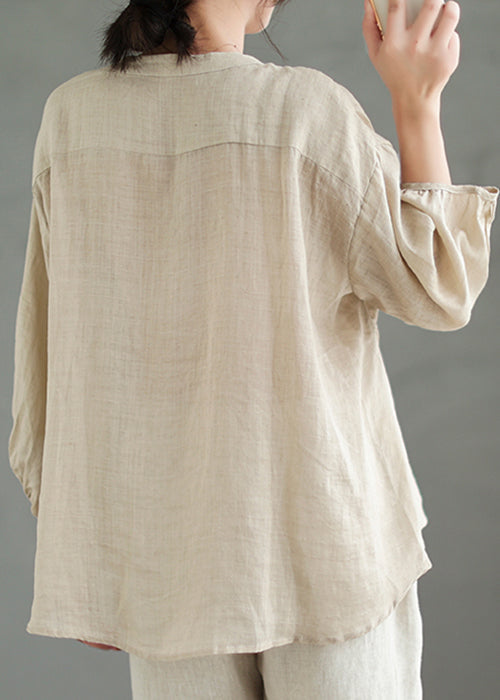 Beige Wrinkled Patchwork Linen Blouses V Neck Spring