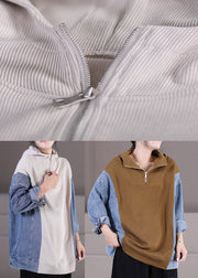 Beige Zippered Patchwork Denim Hooded Top Long Sleeve