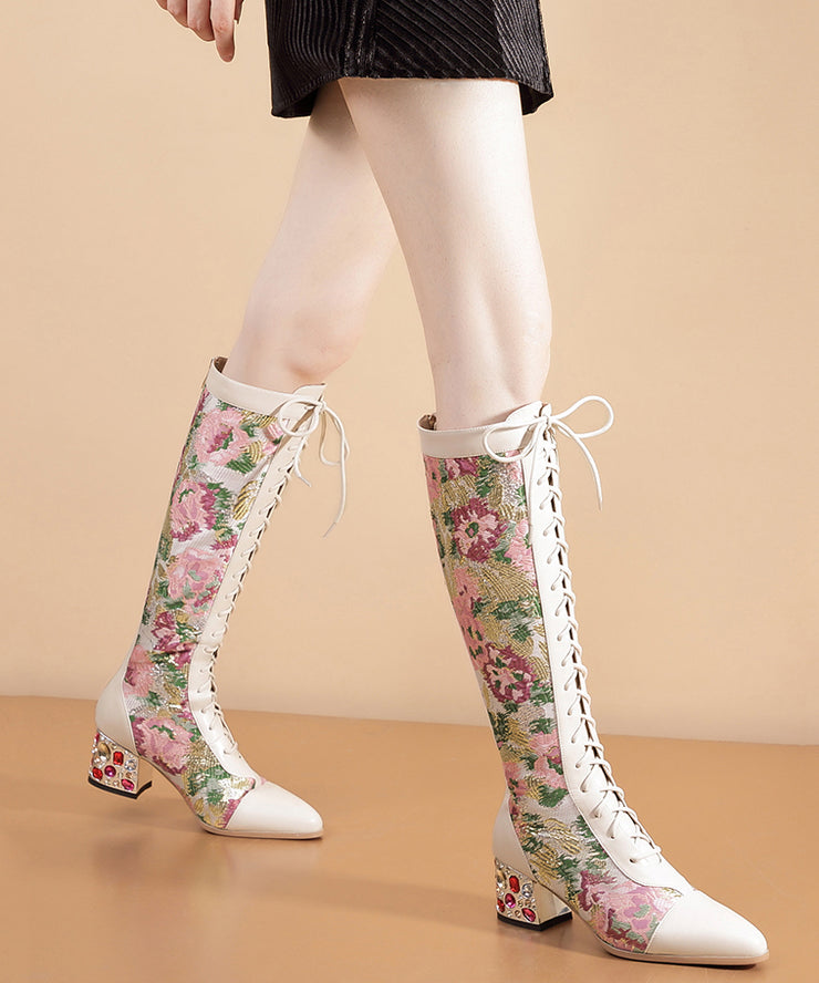 Beige Zircon Splicing Lace Up Genuine Leather Chunky Knee Boots