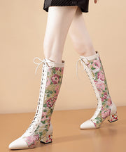 Beige Zircon Splicing Lace Up Genuine Leather Chunky Knee Boots