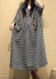 Big Plaid Pockets Linen Dress V Neck Long Sleeve