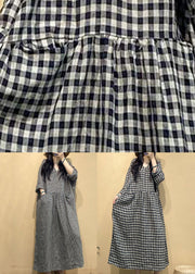 Big Plaid Pockets Linen Dress V Neck Long Sleeve