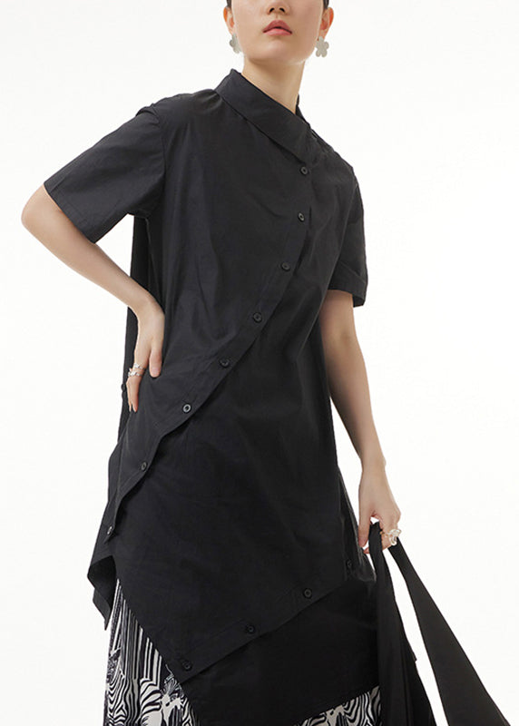 Black Asymmetrical Button Solid Cotton Maxi Shirts Short Sleeve