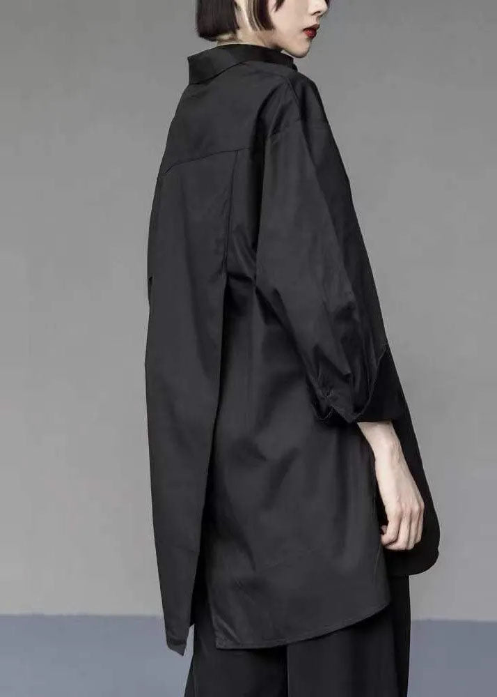 Black Asymmetrical Design Cotton Long Shirts Oversized Spring