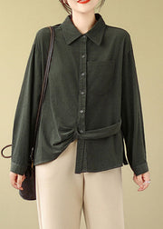 Black Asymmetrical Patchwork Button Corduroy Top Fall