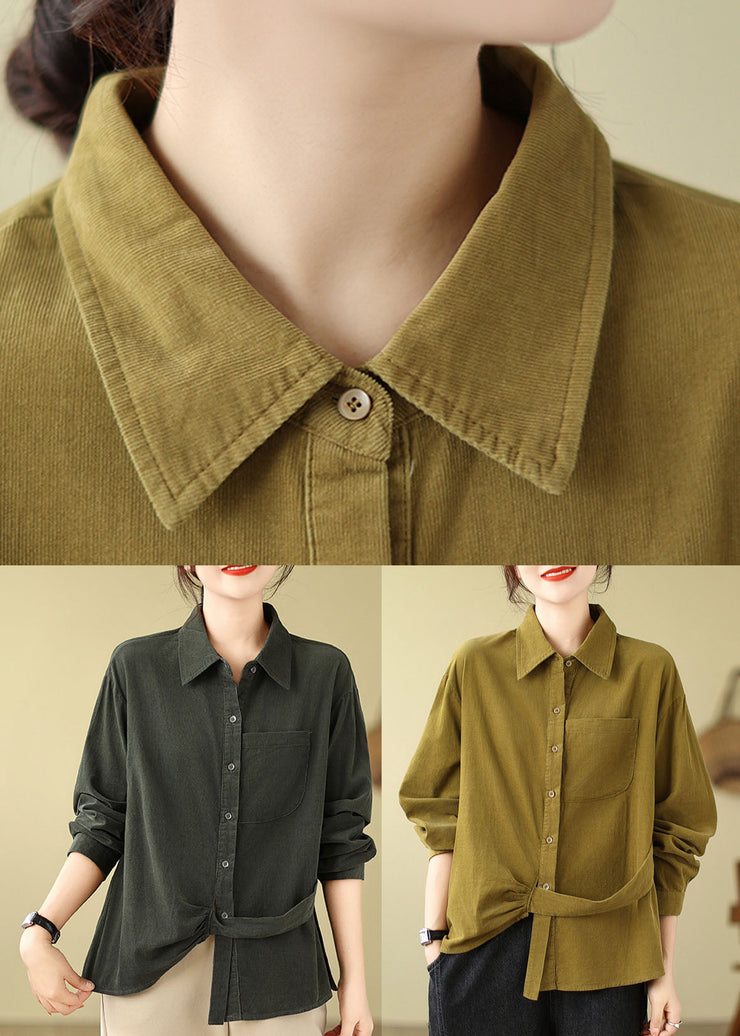 Black Asymmetrical Patchwork Button Corduroy Top Fall