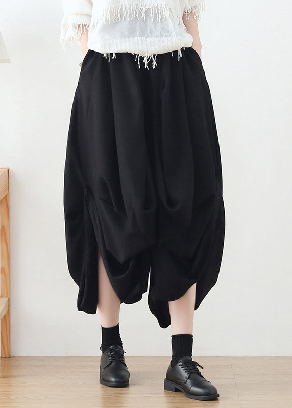 Black Baggy Cotton Harem Pants Elastic Waist Asymmetrical Summer