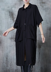 Black Big Pockets Linen Shirt Dress Oversized Summer