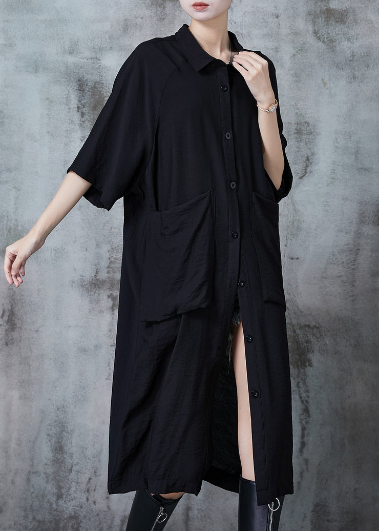 Black Big Pockets Linen Shirt Dress Oversized Summer