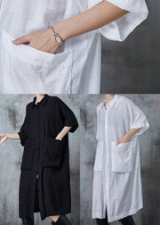 Black Big Pockets Linen Shirt Dress Oversized Summer