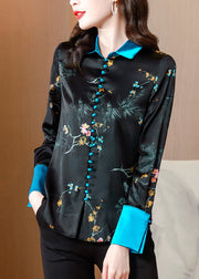 Black Blue Colour Patchwork Peter Pan Collar Button Silk Shirts Long Sleeve