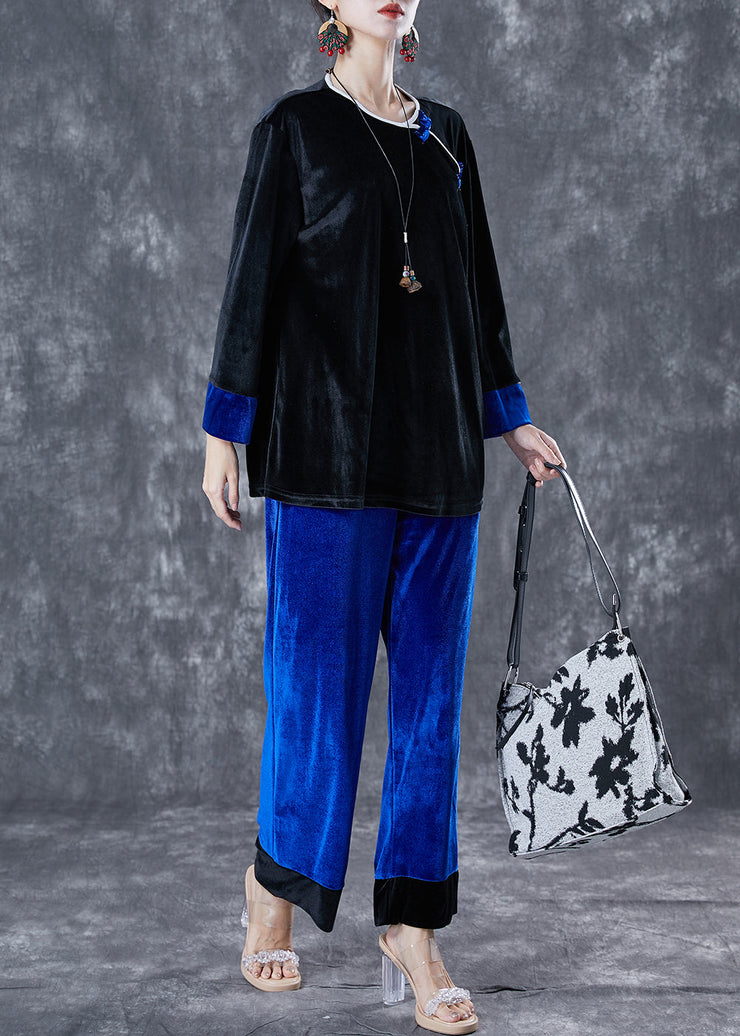 Black Blue Patchwork Silk Velour Two Pieces Set Oversized Chinese Button Spring