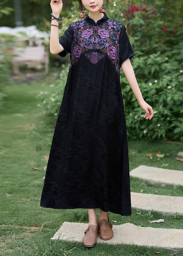 Black Bohemian Silk Dress Embroidered Stand Collar Summer