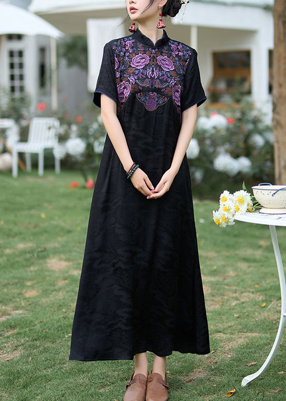 Black Bohemian Silk Dress Embroidered Stand Collar Summer