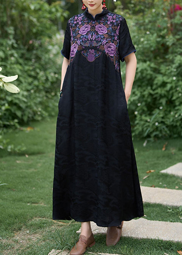 Black Bohemian Silk Dress Embroidered Stand Collar Summer