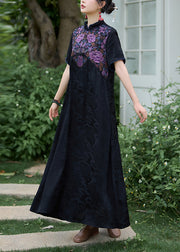 Black Bohemian Silk Dress Embroidered Stand Collar Summer