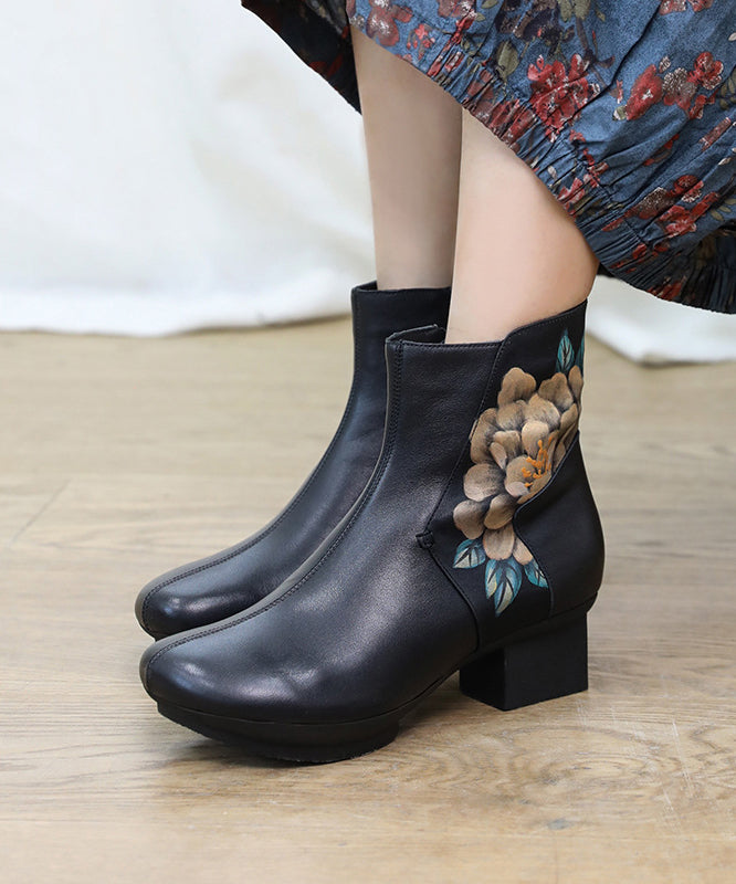 Black Boots Chunky Cowhide Leather Vintage Hand Drawn Floral