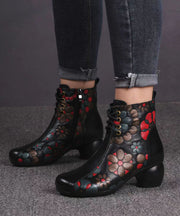 Black Boots Chunky Cowhide Leather Women Embossed Splicing