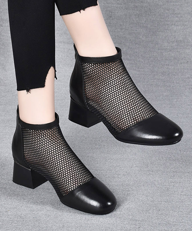Black Boots Chunky Faux Leather Casual Splicing Breathable Mesh