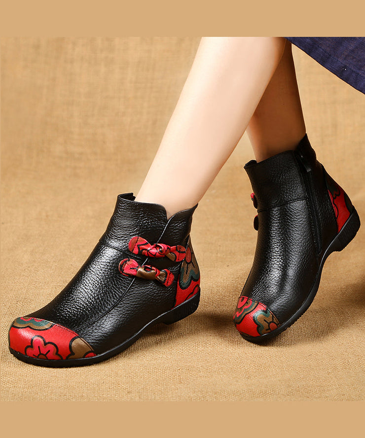 Black Boots Cowhide Leather Handmade Splicing Print