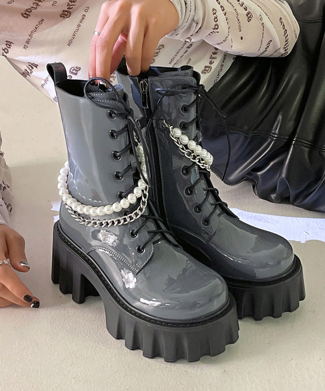 Black Boots Platform Cowhide Leather Fashion Splicing Cross Strap