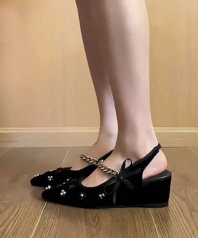 Black Bow Chain Boutique High Wedge Heels Sandals Pointed Toe