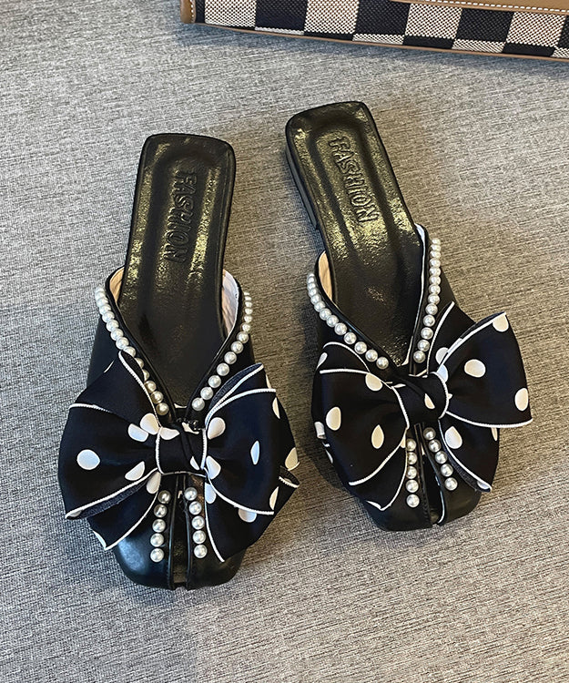 Black Bow Nail Bead French Splicing Slide Sandals