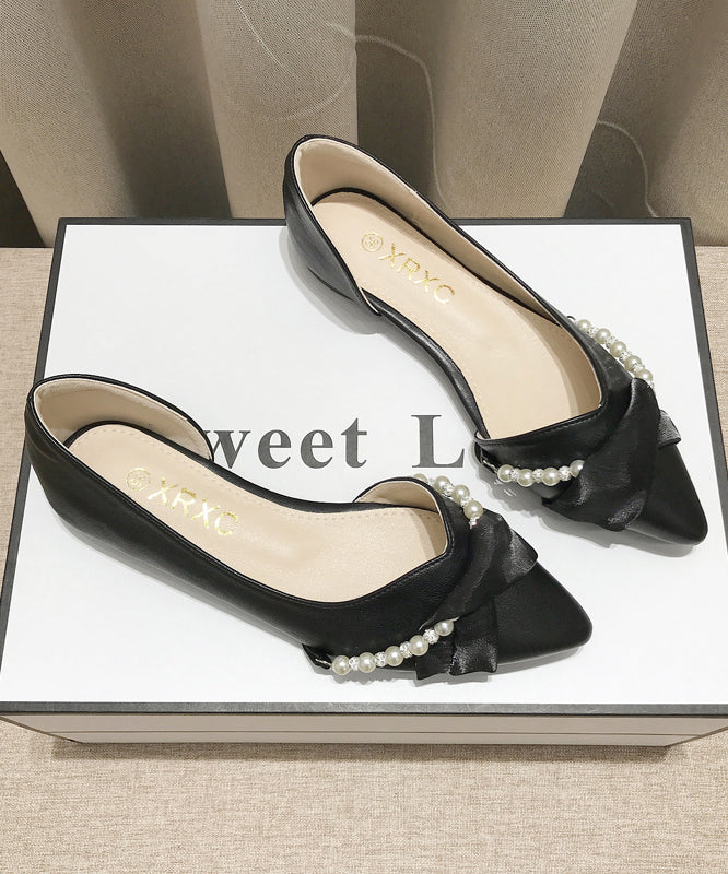 Black Bow Pearl Splicing Boutique Flat Shoes Pointed Toe