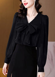 Black Bow Silk Blouses V Neck Long Sleeve