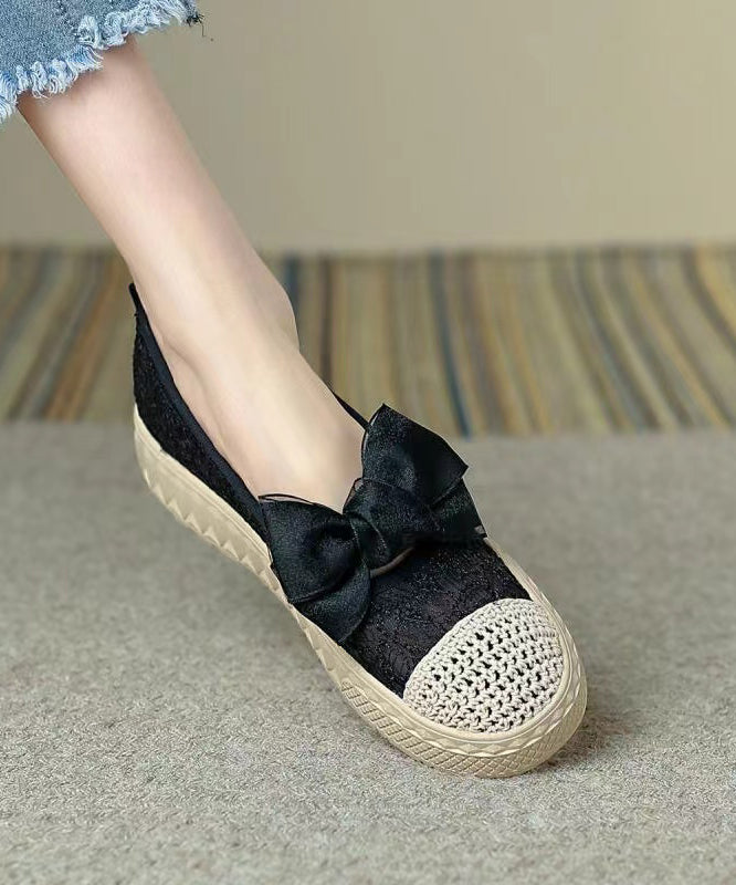 Black Bow Stylish Splicing Platform Flat Shoes For Women