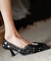 Black Breathable Tulle High Heels Fashion Splicing Bow Zircon