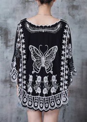 Black Butterfly Cotton Shirt Embroidered Batwing Sleeve