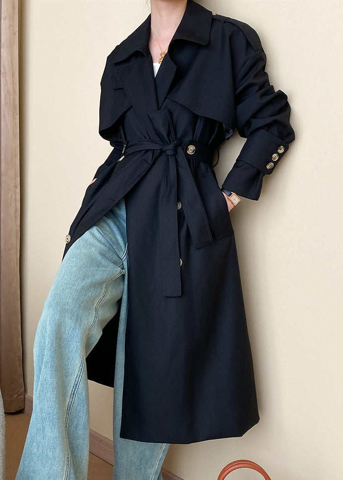 Black Button Cotton Long Trench Coat Peter Pan Collar Fall