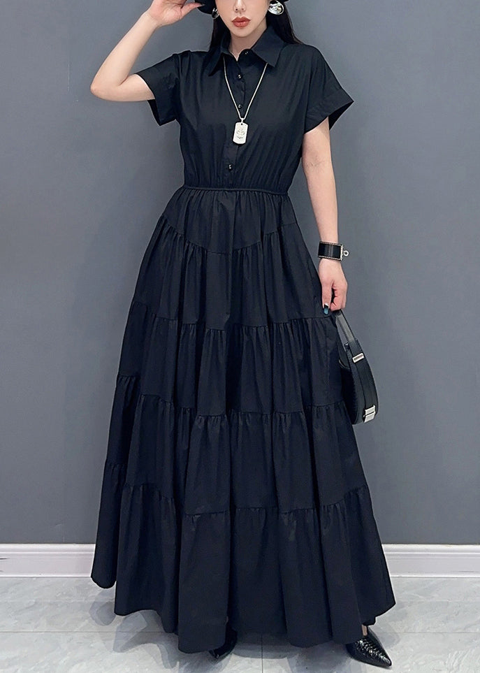 Black Button Cotton Maxi Dress Peter Pan Collar Short Sleeve