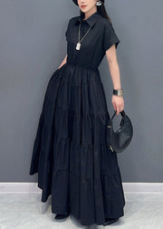 Black Button Cotton Maxi Dress Peter Pan Collar Short Sleeve