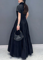 Black Button Cotton Maxi Dress Peter Pan Collar Short Sleeve