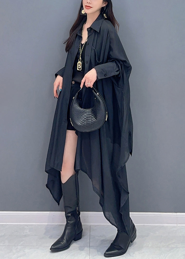 Black Button Cotton Shirts Peter Pan Collar Batwing Sleeve