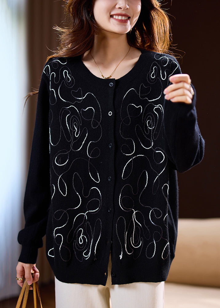 Black Button Cozy Wool Knit Cardigan Embroidered Spring