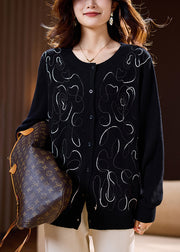 Black Button Cozy Wool Knit Cardigan Embroidered Spring