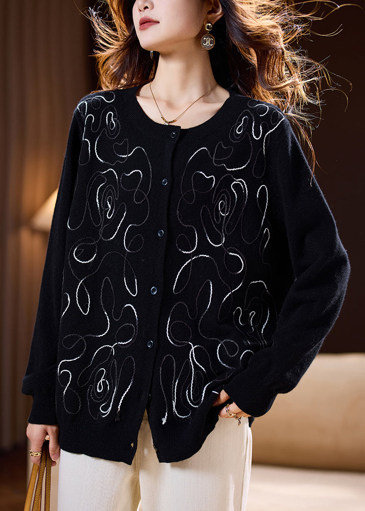 Black Button Cozy Wool Knit Cardigan Embroidered Spring