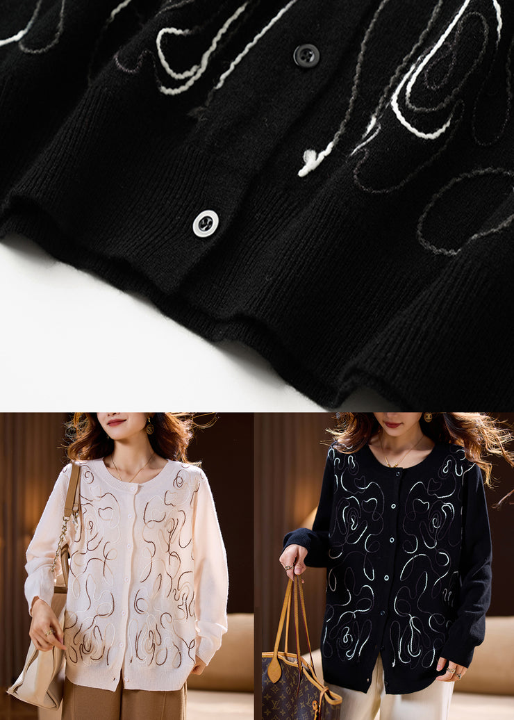 Black Button Cozy Wool Knit Cardigan Embroidered Spring