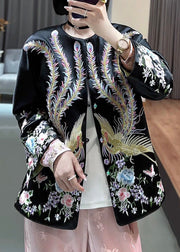 Black Button Embroideried Silk Coats O-Neck Long Sleeve