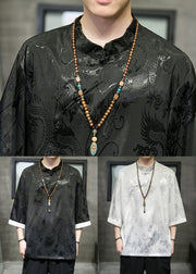Black Button Ice Silk Men T Shirt Stand Collar Bracelet Sleeve